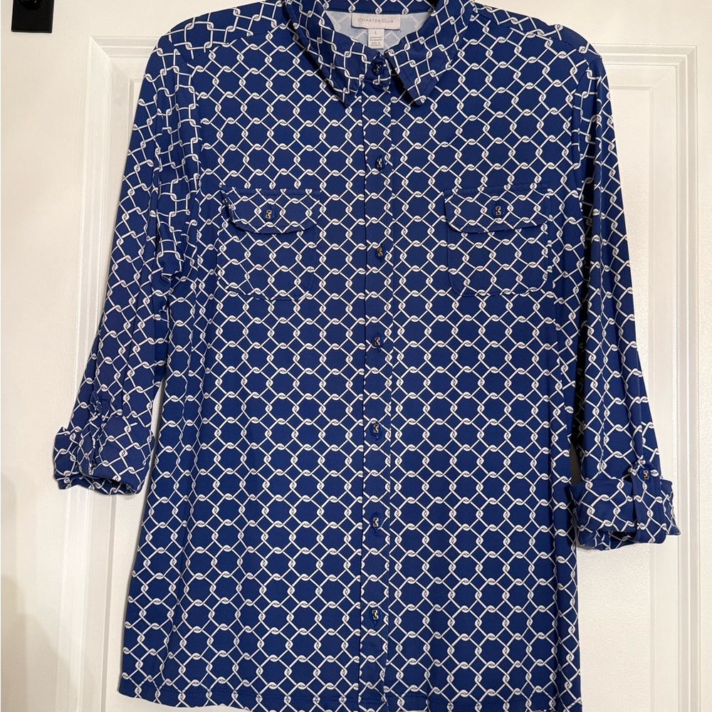 Charter Club Blue and White Geometric Button-Down Tunic